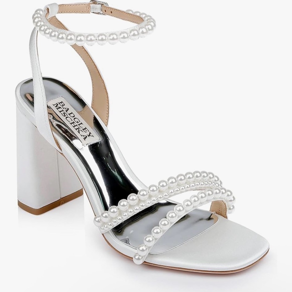Badgley Mischka White Bridal Pearl-Strap Block Heel Sandal